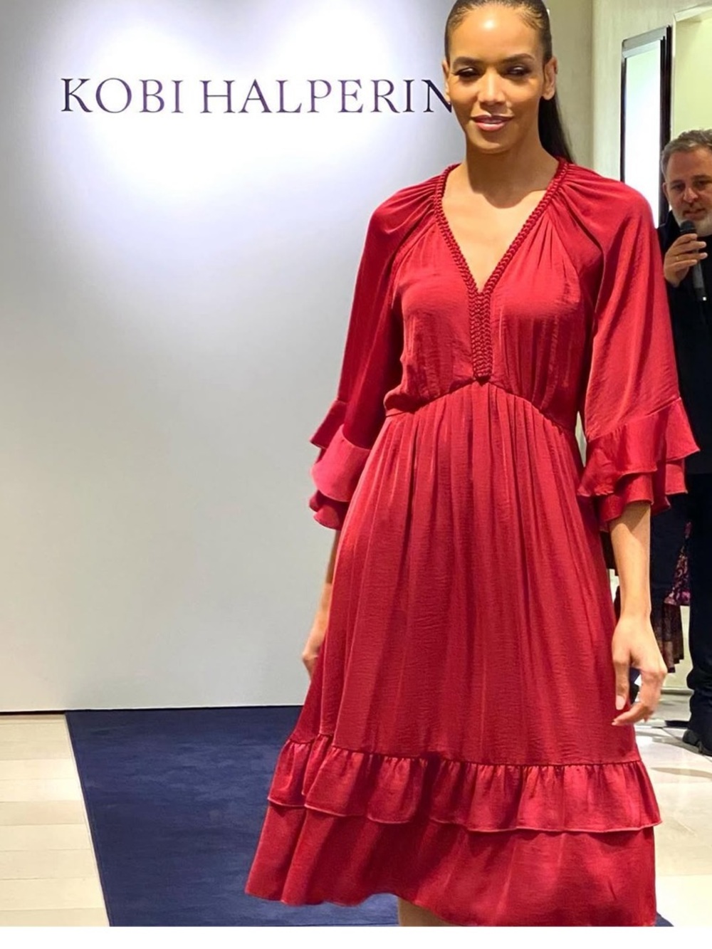 Kobi Halperin Crimson Red V-Neck Tiered Midi Dress